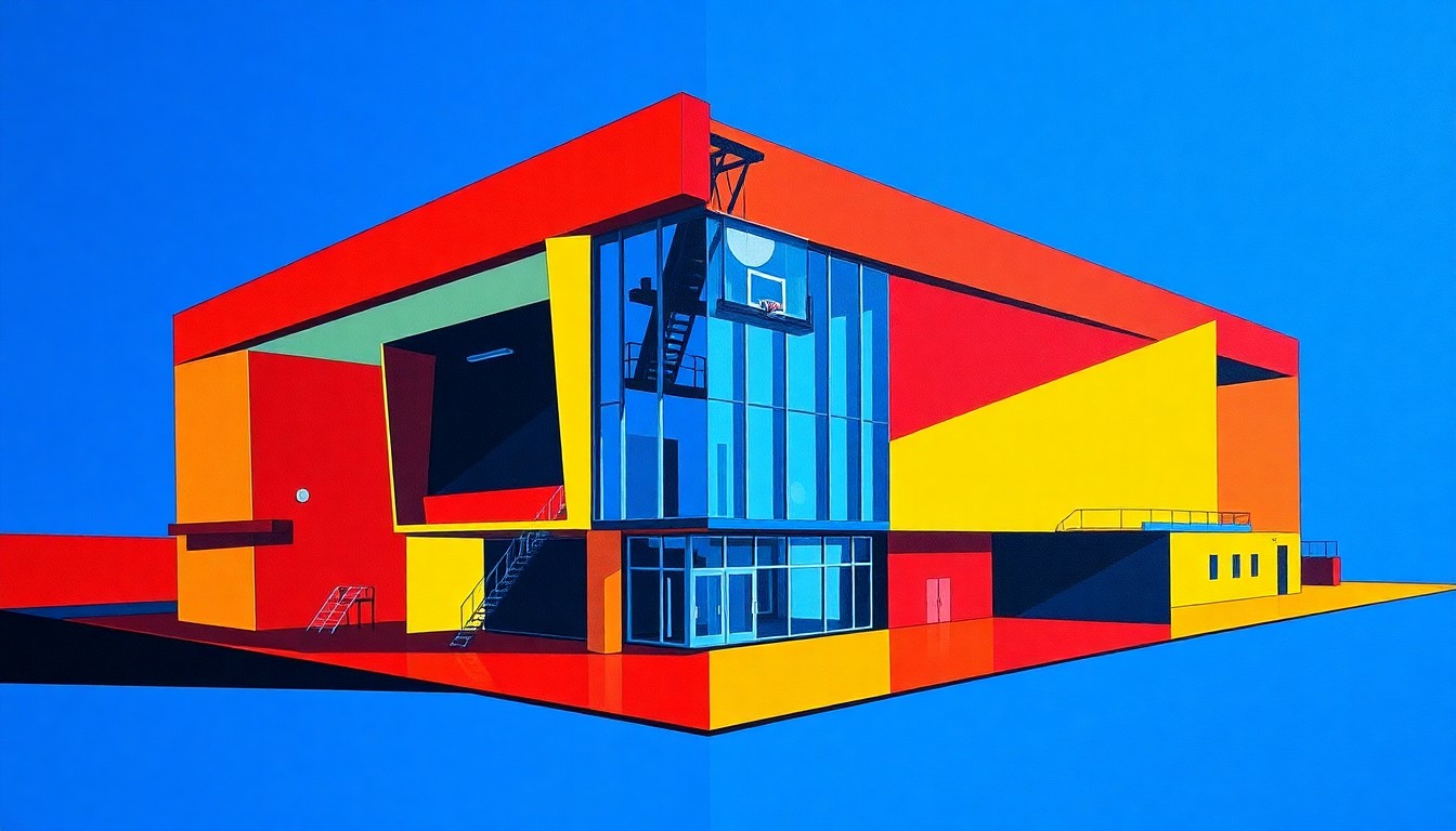 A cubist, geometric illustration depicting the new Indiana Fever practice facility, with sharp, overlapping planes of bright red, blue, and yellow paint capturing the building's modern, angular design.