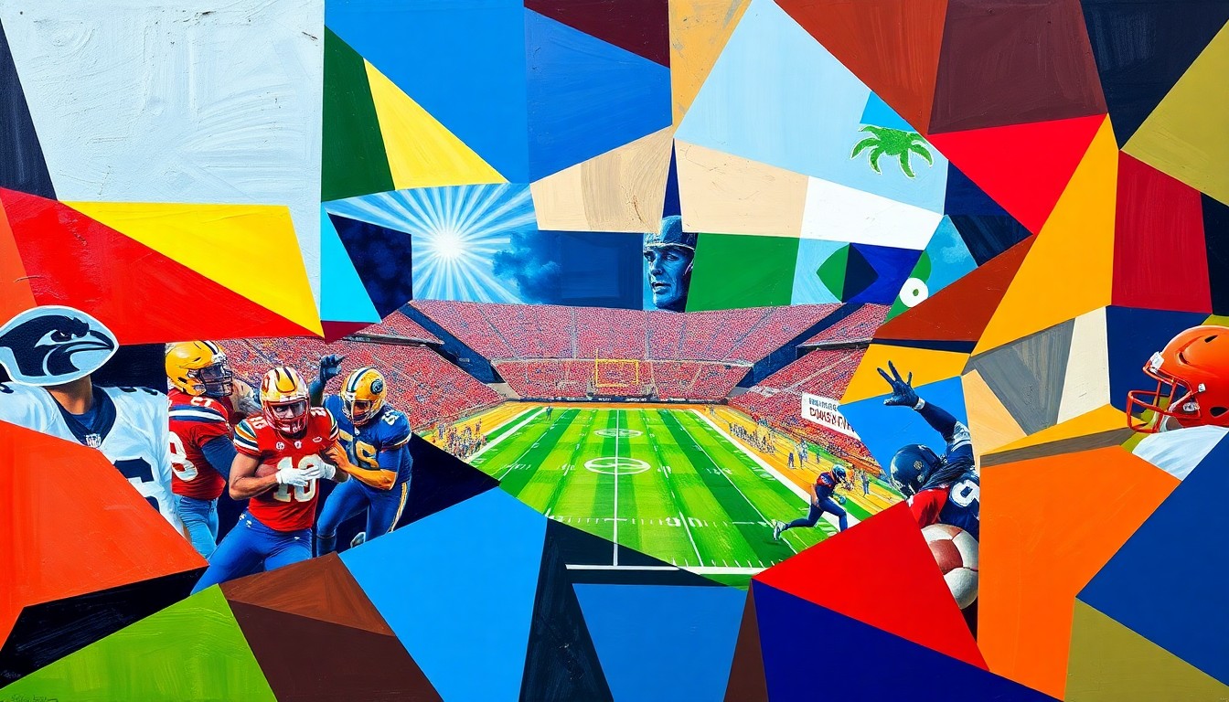 A cubist, geometric painting featuring overlapping planes of color representing a college football game, conveying the high-stakes pressure and scrutiny Kiffin faces at LSU.