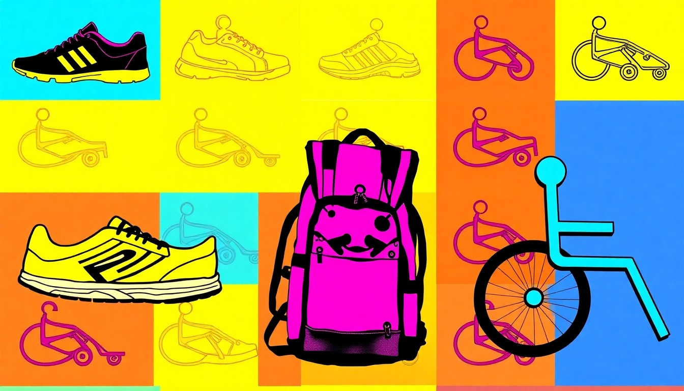 A brightly colored, high-contrast silkscreen print featuring repeated icons of a running shoe, a weighted backpack, and a wheelchair, capturing the energy and inclusivity of the Race for the Warrior event.