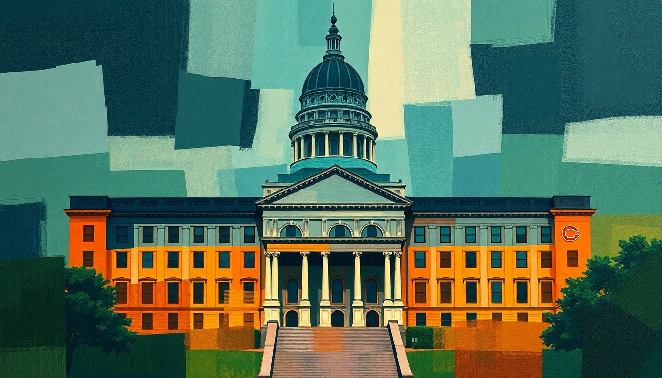 A vibrant, fragmented painting of an Illinois state government building in overlapping geometric shapes and bold colors, conceptually representing the complex political negotiations around a potential Bears stadium deal and property tax reform.