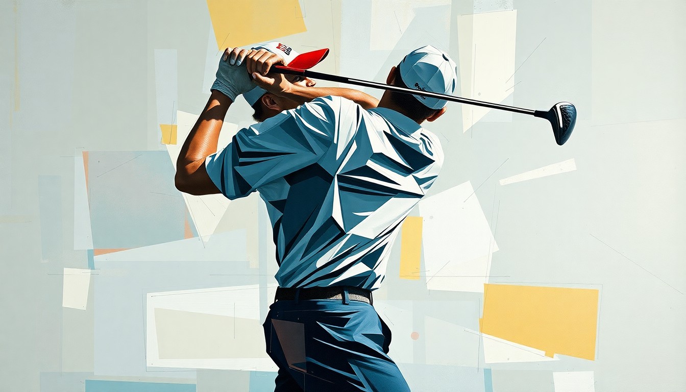 A fragmented, geometric painting depicting a golfer's swing broken down into sharp, overlapping planes of color, conceptually representing the competitive action of the Masters golf tournament.