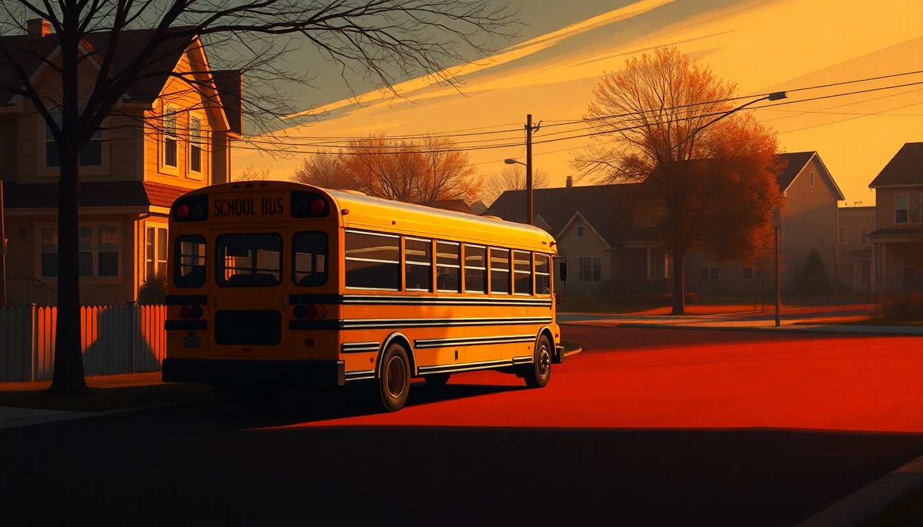 A serene, photorealistic painting of a yellow school bus parked on a quiet residential street, the warm sunlight casting long shadows across the pavement. The scene conveys a sense of stillness and melancholy, reflecting the emotional impact of the family's deportation on their community.