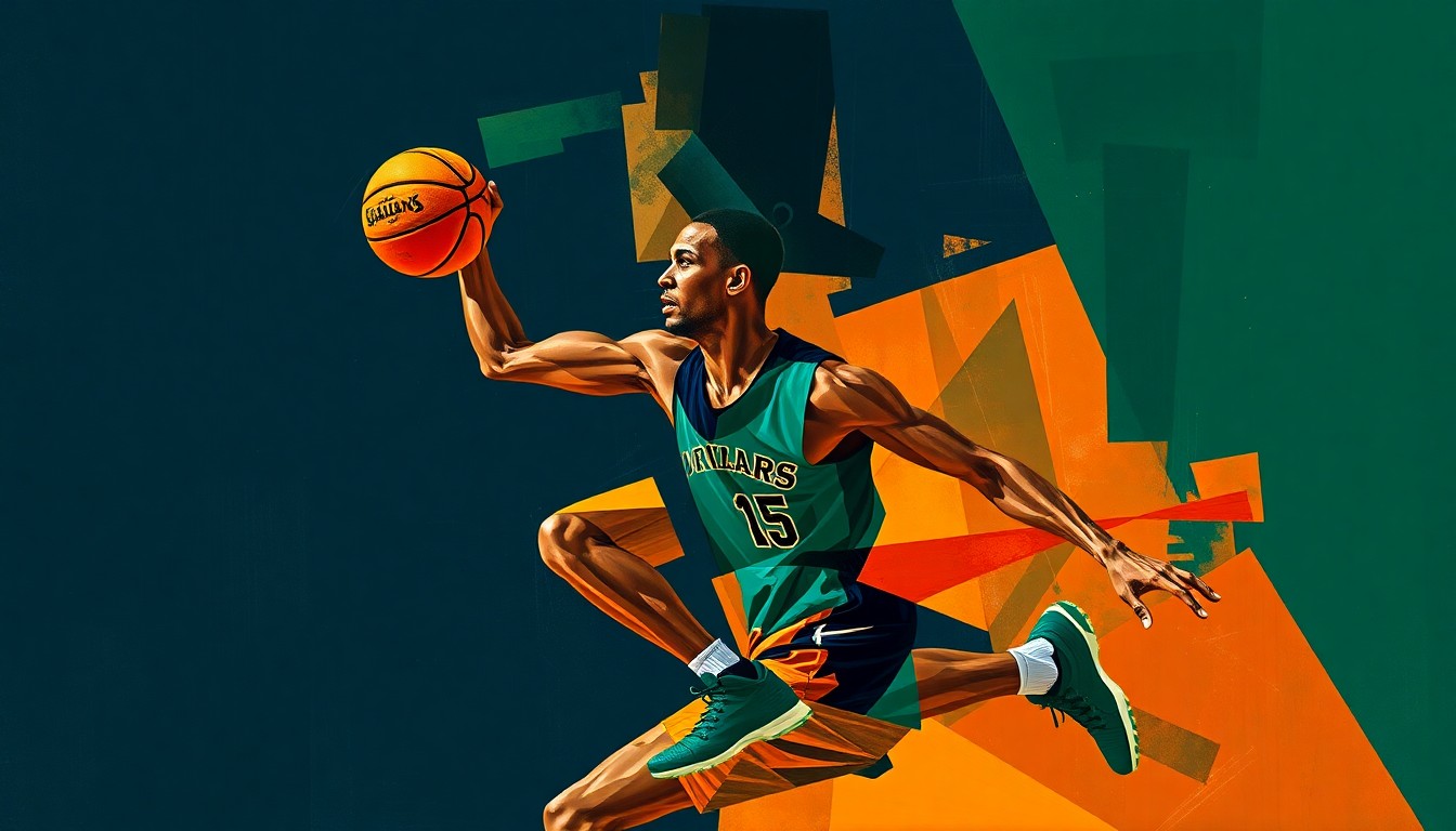 A cubist, geometric painting depicting a basketball player's body fractured into sharp, overlapping planes of navy blue, forest green, and burnt orange, conveying the disruption caused by Embiid's injury.