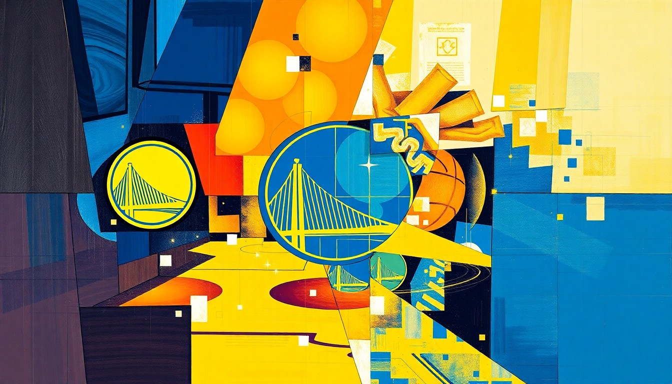 A fragmented, geometric painting depicting a basketball game, with sharp planes of blue, gold, purple, and white overlapping to create a dynamic, abstract composition.