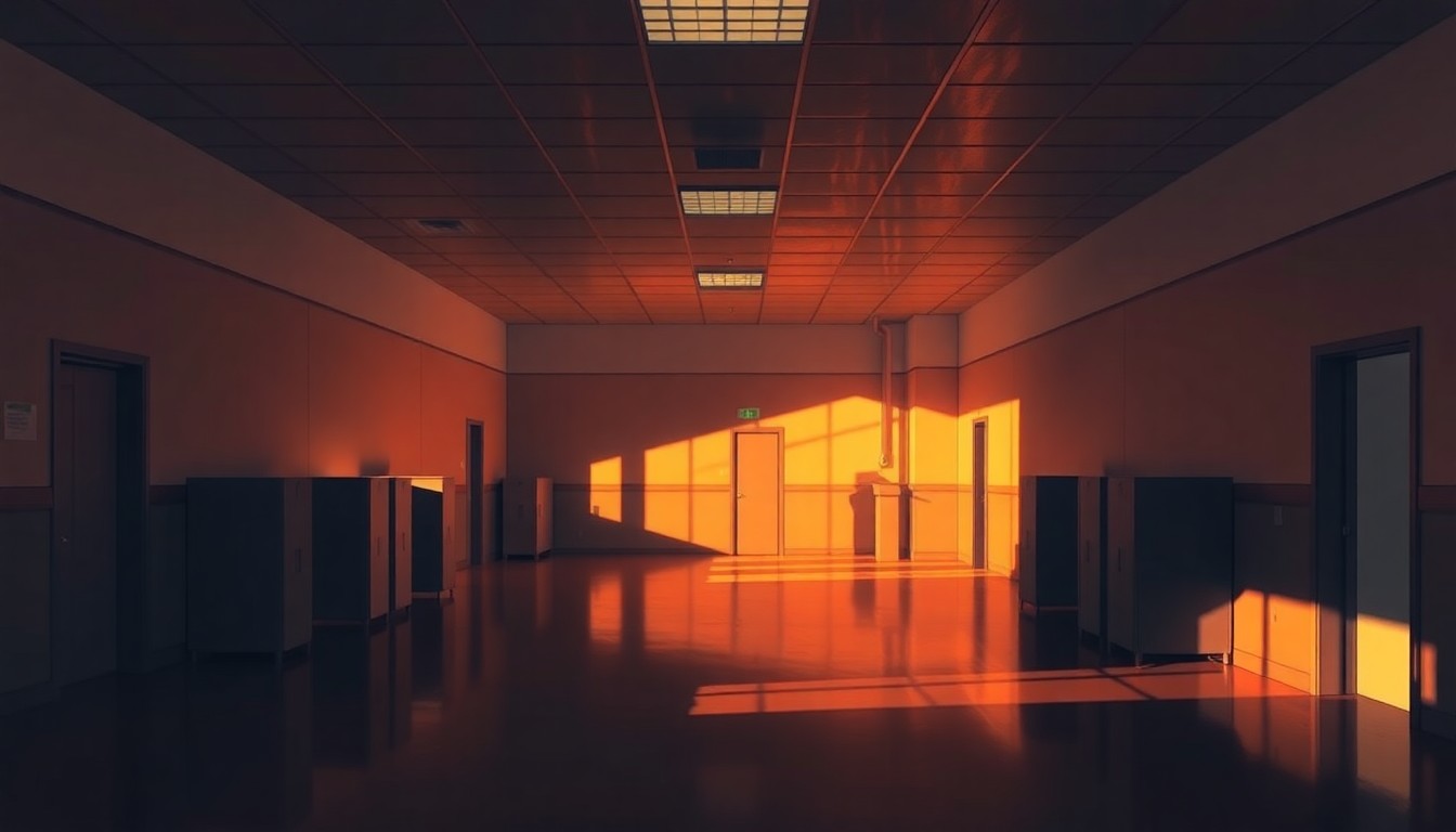 A dimly lit, cinematic interior space with sparse furnishings and a sense of solitude, conveying the somber mood around the debate over immigration policies and victim support.