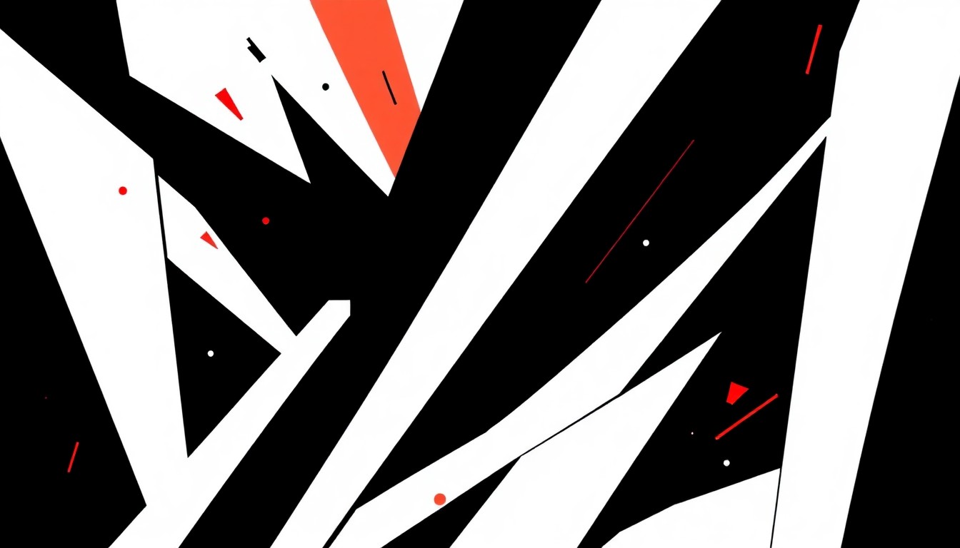 An abstract, minimalist illustration composed of sharp, angular shapes in black, white, and bright red, conveying the high-energy, visually striking nature of a major music festival.