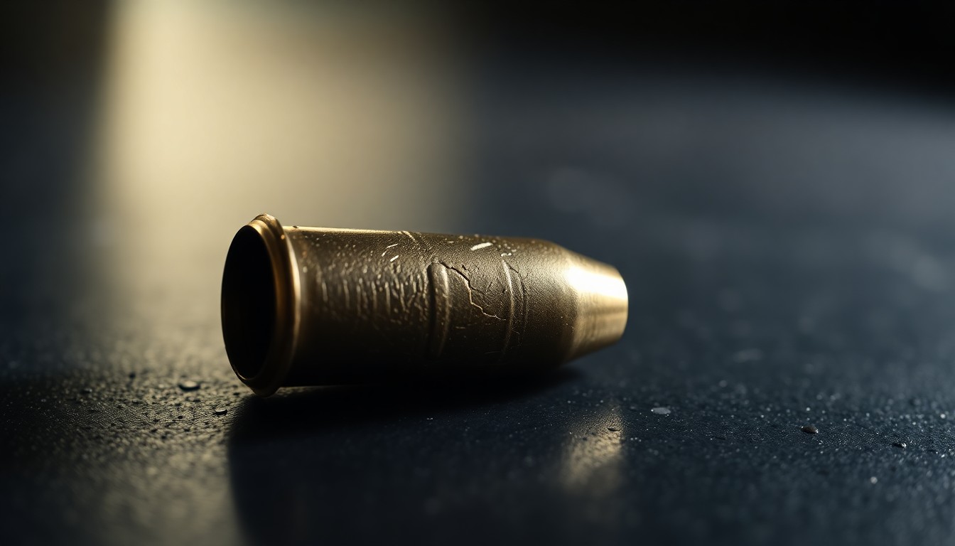 An extreme close-up photograph of a spent shell casing on a dark surface, lit by a harsh, direct camera flash, conceptually representing the evidence of a violent crime.