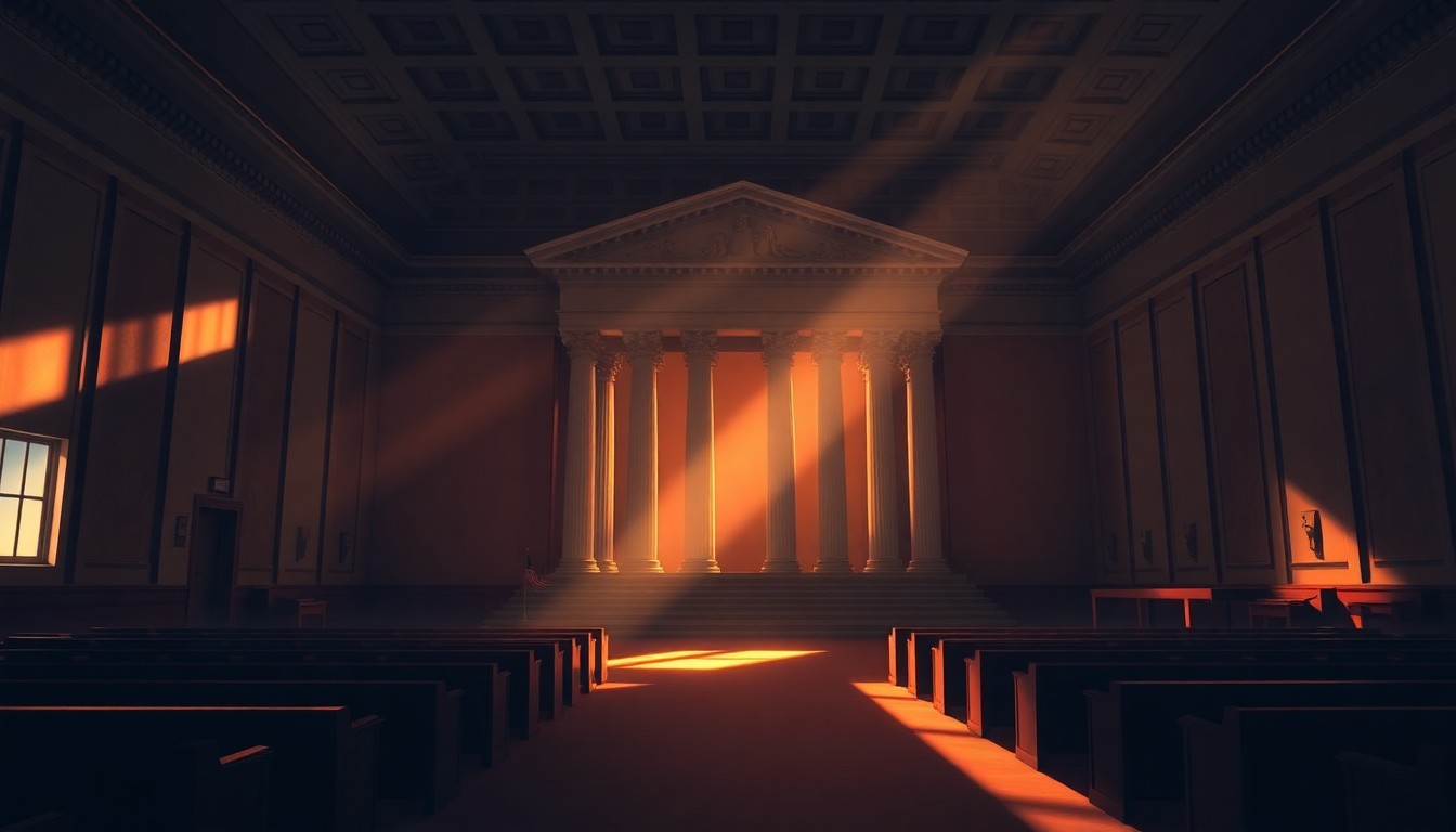 A dimly lit, cinematic painting of the empty Supreme Court chamber, with sunlight streaming in through tall windows and casting deep shadows across the ornate wooden benches, conveying a sense of solemn gravitas.