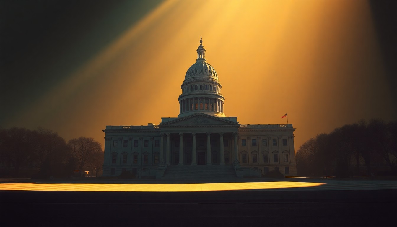 A photorealistic painting of an empty Illinois state capitol building bathed in warm, golden light, with deep shadows casting a sense of quiet power and nostalgia over the scene.