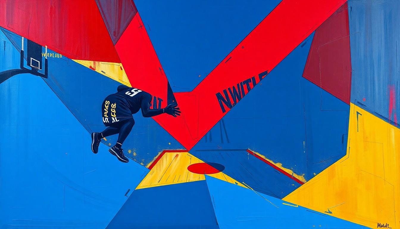 A cubist, geometric painting depicting a fragmented WNBA basketball game, with sharp planes of navy, red, and gold colors overlapping to create a dynamic, multi-perspective visual representation of the sport.