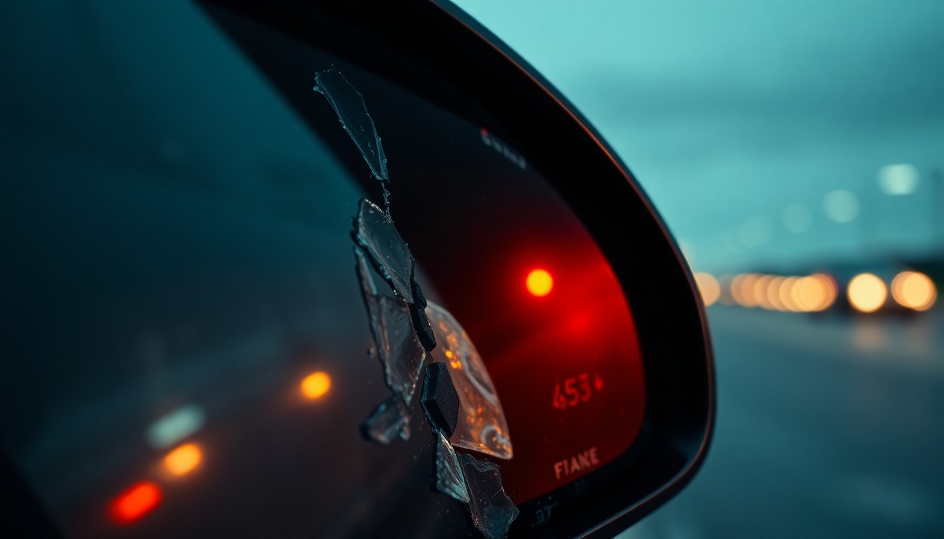 An extreme close-up of a shattered car side mirror lens reflecting a faint red light, conceptually representing the aftermath of a pedestrian being struck by a vehicle.