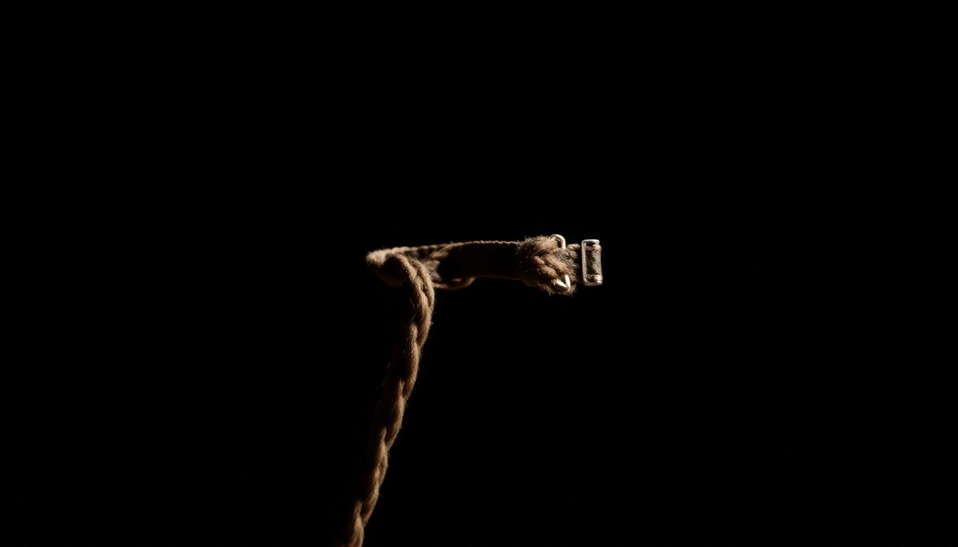 An extreme close-up photograph of a broken dog collar or leash against a pitch-black background, lit by a harsh, direct camera flash, creating a stark, gritty, investigative aesthetic.