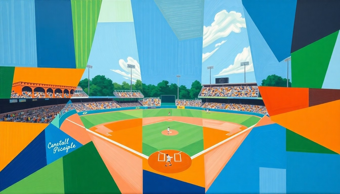 A cubist, geometric painting depicting a high school baseball game, with sharp, overlapping planes of bright colors representing the dynamic action on the field.