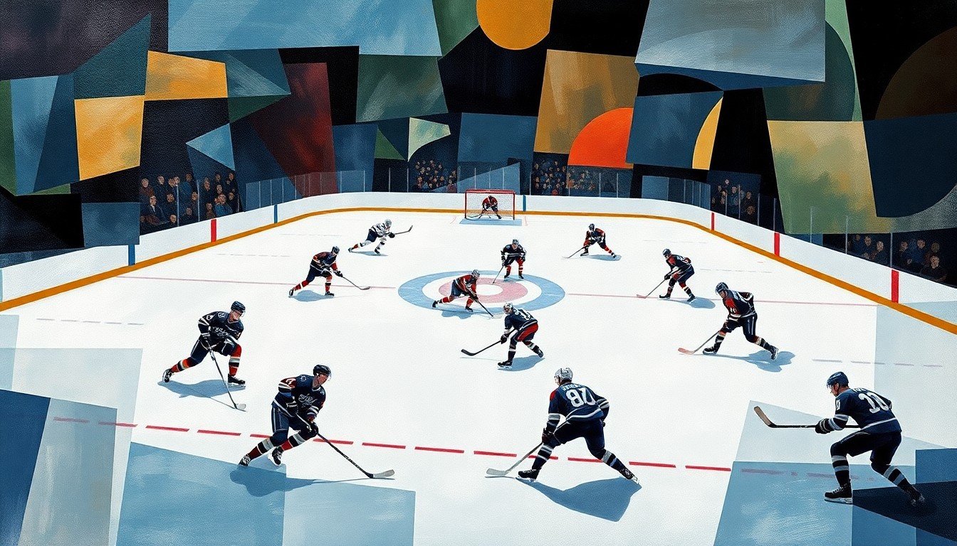 A cubist, geometric painting depicting a hockey game, with players and the rink broken down into abstract shapes and planes of color, conveying a sense of motion and energy.