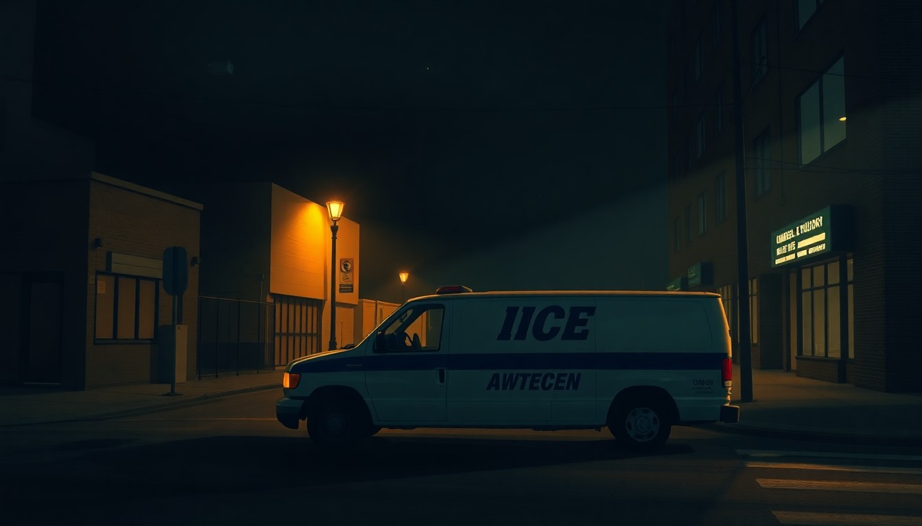 A photorealistic painting of a lone white government vehicle parked on a shadowy urban street, with warm sunlight casting long diagonal shadows across the pavement and buildings. The scene has a somber, contemplative mood that evokes the style of American realist painter Edward Hopper.