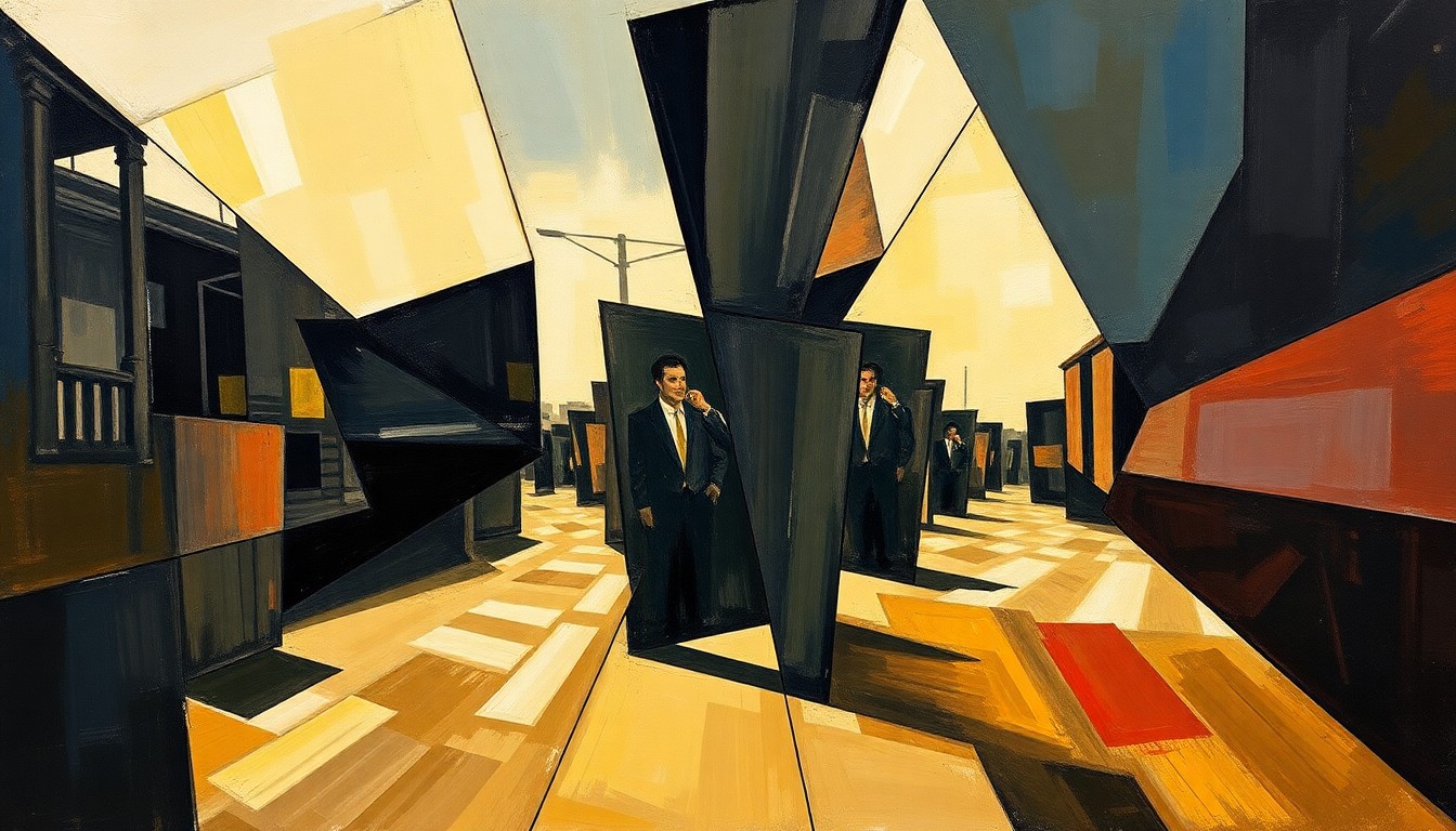 A cubist, geometric painting in shades of blue, green, and red, depicting fragmented and overlapping shapes that conceptually represent the complex issues surrounding the publication of private photos.