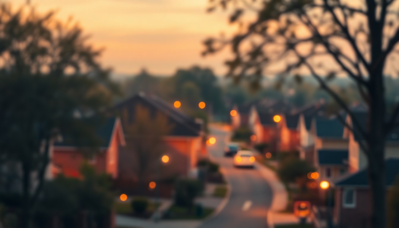 An abstract, out-of-focus photograph of a residential neighborhood, with blurred houses, trees, and streetlights in warm, soft colors, conveying a sense of community and home.