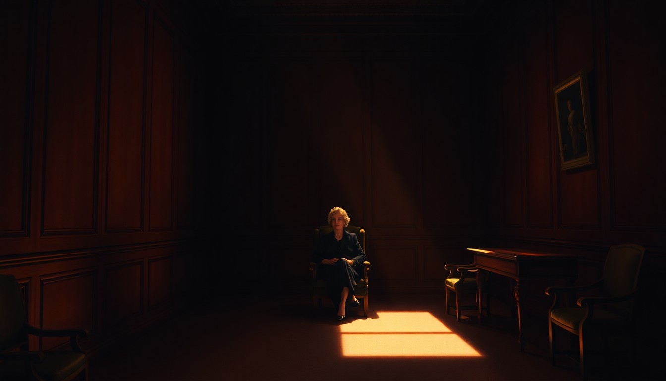 A pensive, solitary figure of a woman sitting in a dimly lit, wood-paneled room, the warm light casting dramatic shadows across her face, conveying a sense of quiet contemplation and the weight of her long tenure on the bench.