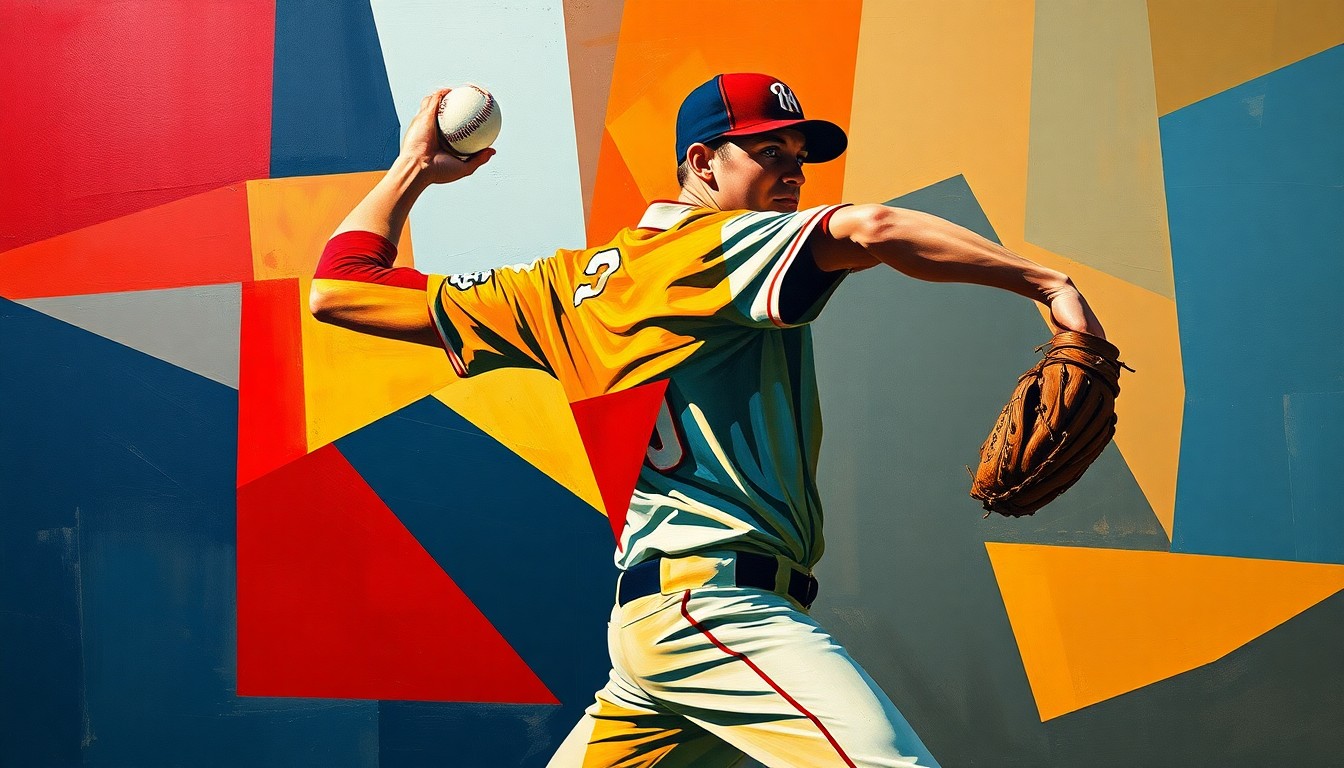 An abstract, cubist-style painting depicting the deconstructed motion of a softball pitcher, with sharp geometric shapes and planes of navy, crimson, and gold colors representing the power and precision of the pitcher's delivery.
