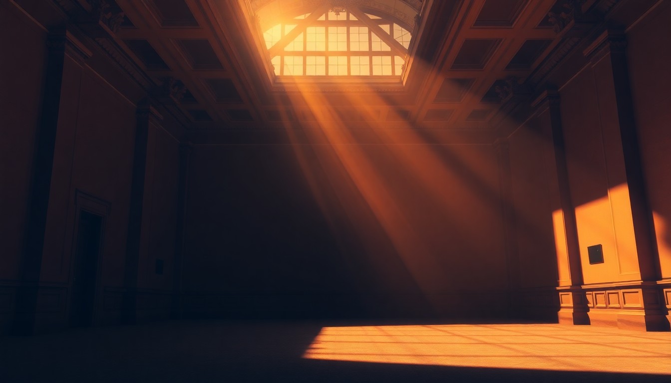 A quiet, cinematic painting of an empty government office or building, with warm sunlight streaming through the windows and deep shadows casting an air of uncertainty over the scene, conceptually representing the fragility of democratic institutions when faced with allegations of political deception.