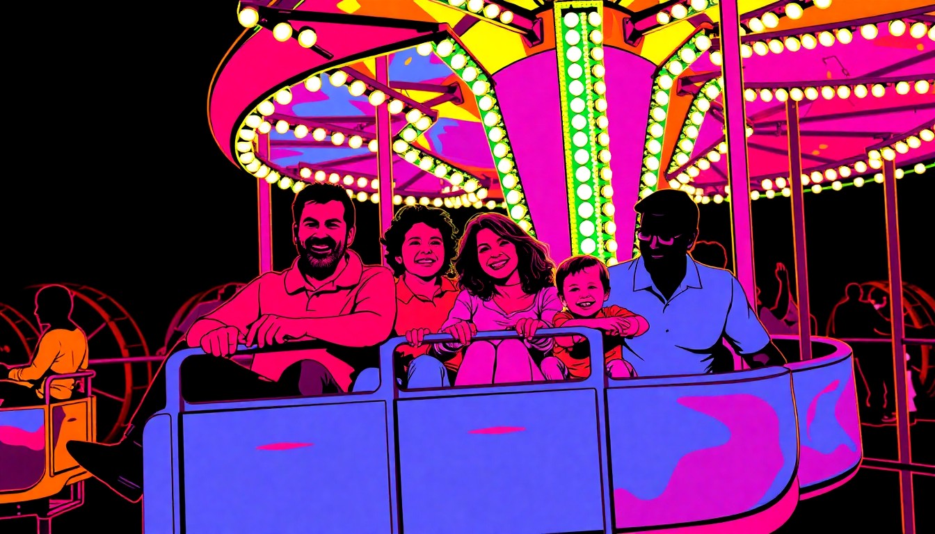 A brightly colored, high-contrast silkscreen print of a family enjoying a carnival ride, repeated in a tight grid pattern, capturing the joyful energy and inclusive spirit of the Cullman Family Expo.