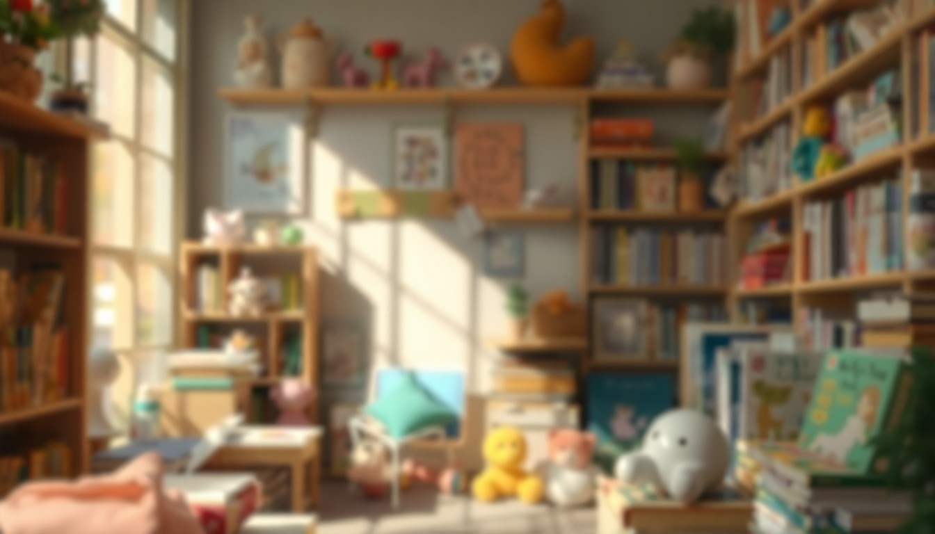 A softly blurred, dreamlike scene of children's books, stuffed animals, and other lifestyle objects in a warm, hazy light, conveying the cozy, intimate atmosphere of a family bookshop or library.