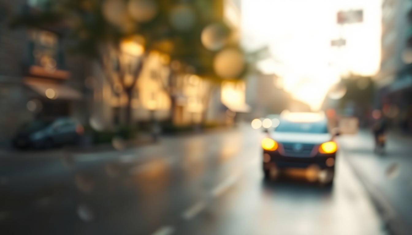 An abstract, impressionistic photograph of a blurred street scene with a single car in the distance, surrounded by soft, warm pools of golden light, conceptually representing the temporary lane closure and infrastructure work on University Avenue.