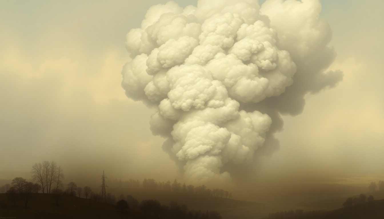 A sweeping, atmospheric landscape painting depicting a massive, billowing plume of smoke rising against a hazy, overcast sky, conceptually representing the scale and drama of a brush fire near a local shopping center.