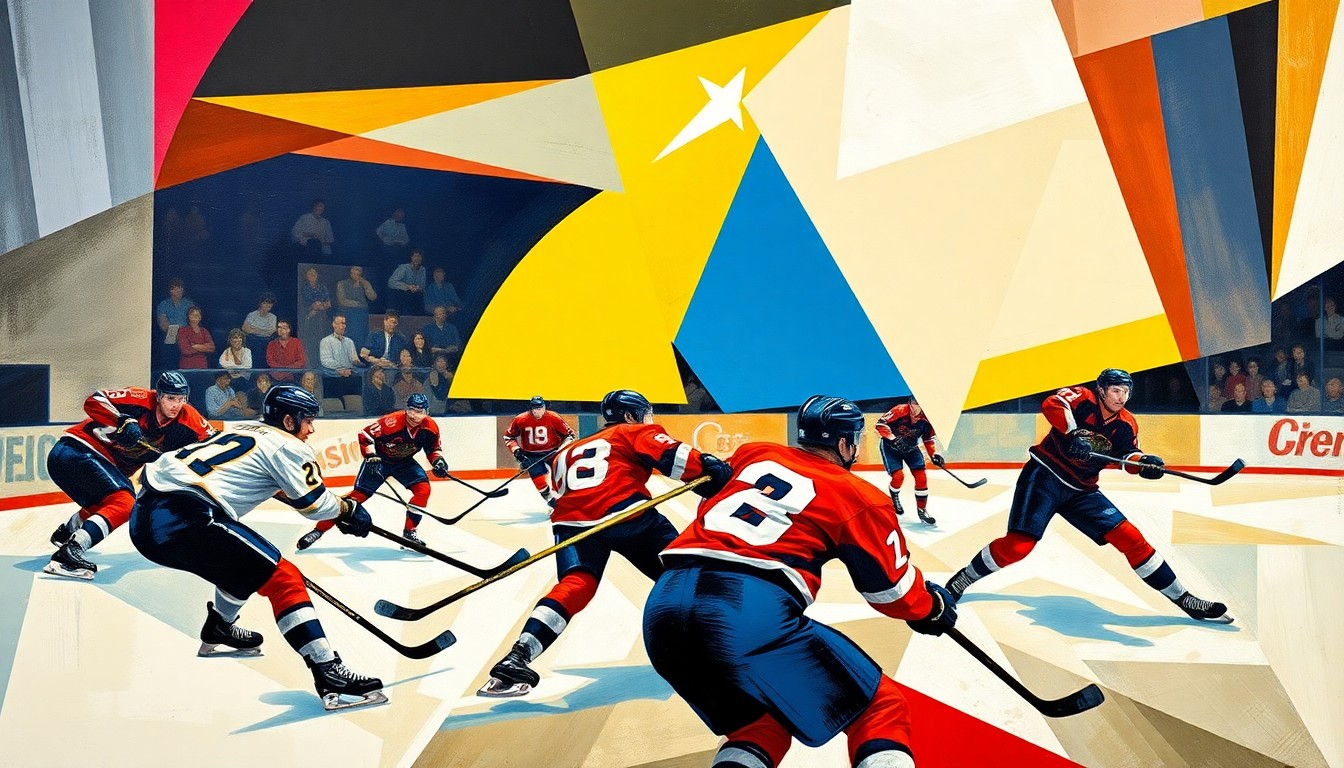 A fractured, multi-perspective painting featuring overlapping geometric shapes and planes in various shades of blue, red, and white, conceptually representing the intensity and movement of a hockey game.