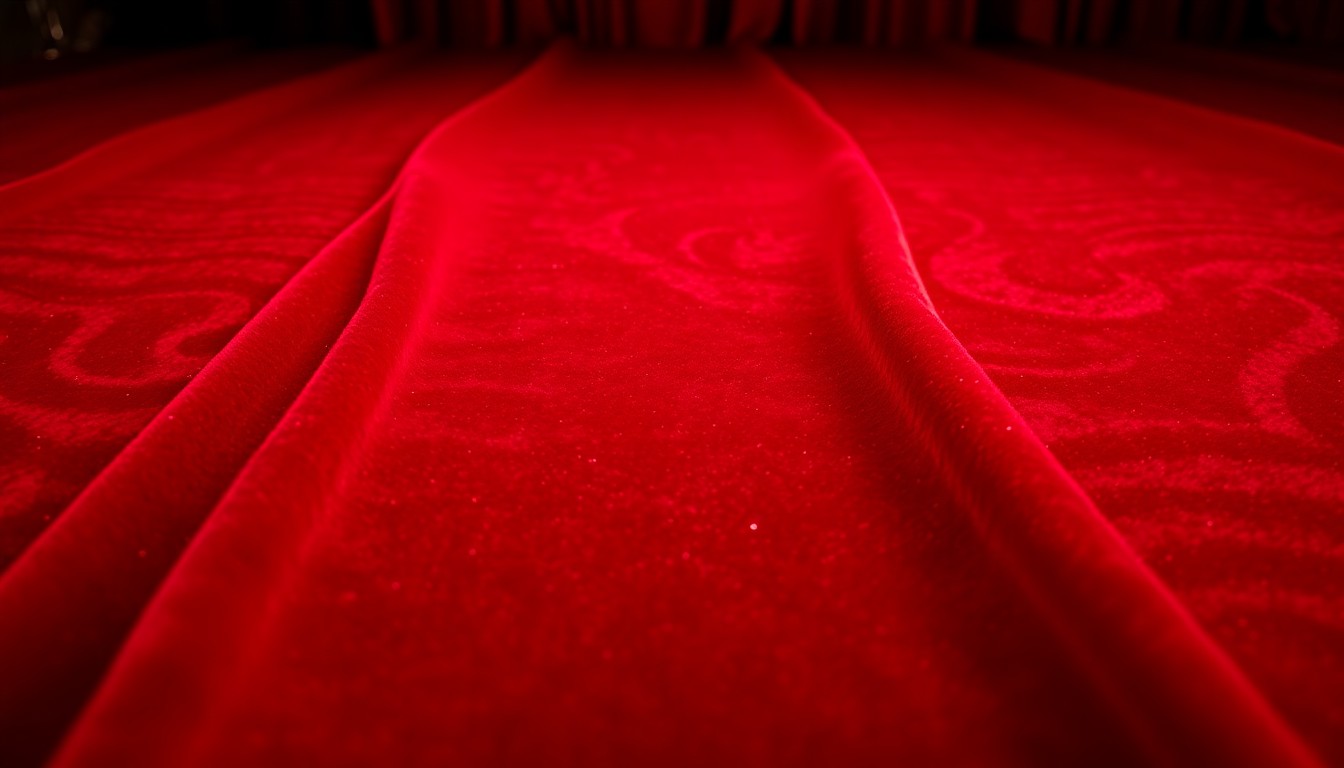 An extreme close-up photograph of lush, velvety red fabric illuminated by dramatic studio lighting, capturing the high-fashion aesthetic of a Hollywood red carpet event.