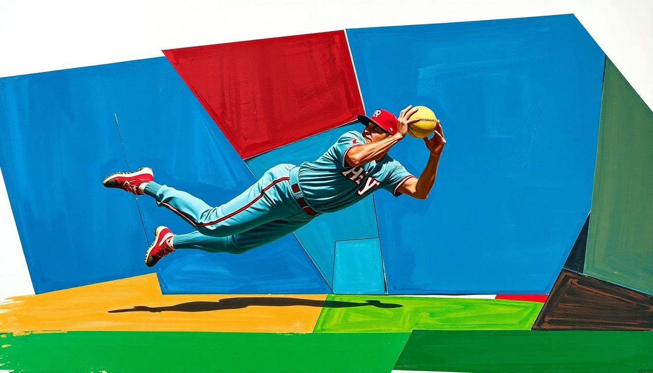 A cubist-style painting depicting a baseball player making a diving catch, with the figure broken down into sharp, overlapping geometric shapes in shades of navy, green, and red.