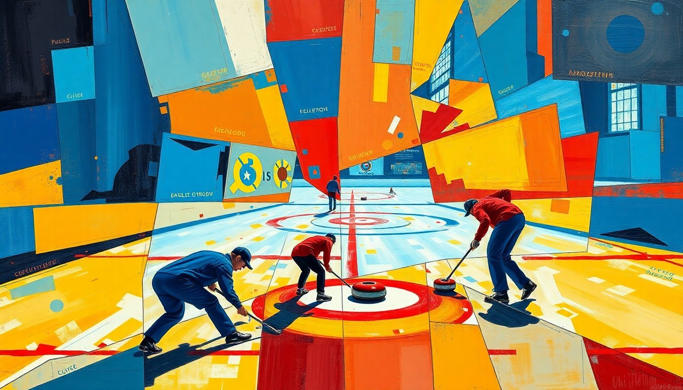 A fragmented, cubist-style painting depicting a curling match or competition, with sharp geometric shapes and planes in vibrant blues, reds, and yellows, conveying the dynamic energy and movement of the sport.