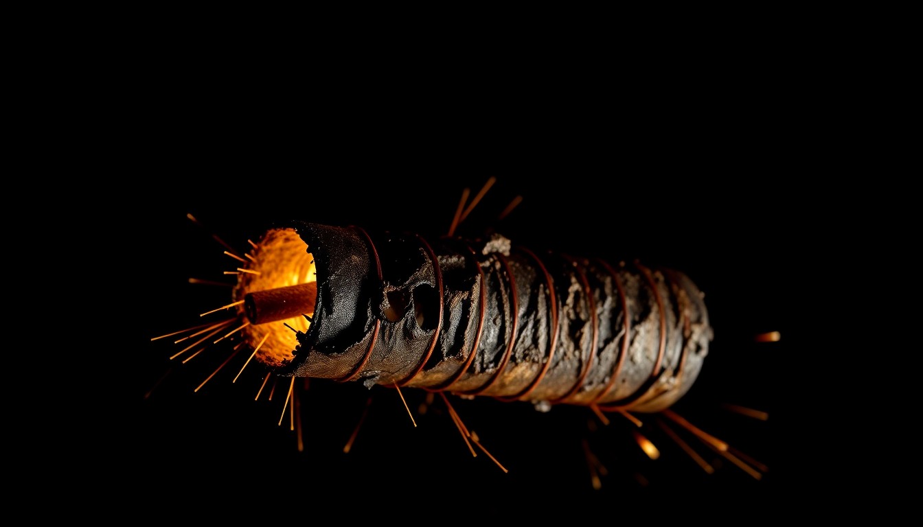 An extreme close-up of a charred and twisted metal fireworks casing, conceptually illustrating the aftermath of the deadly explosions and the need for stronger safety regulations.