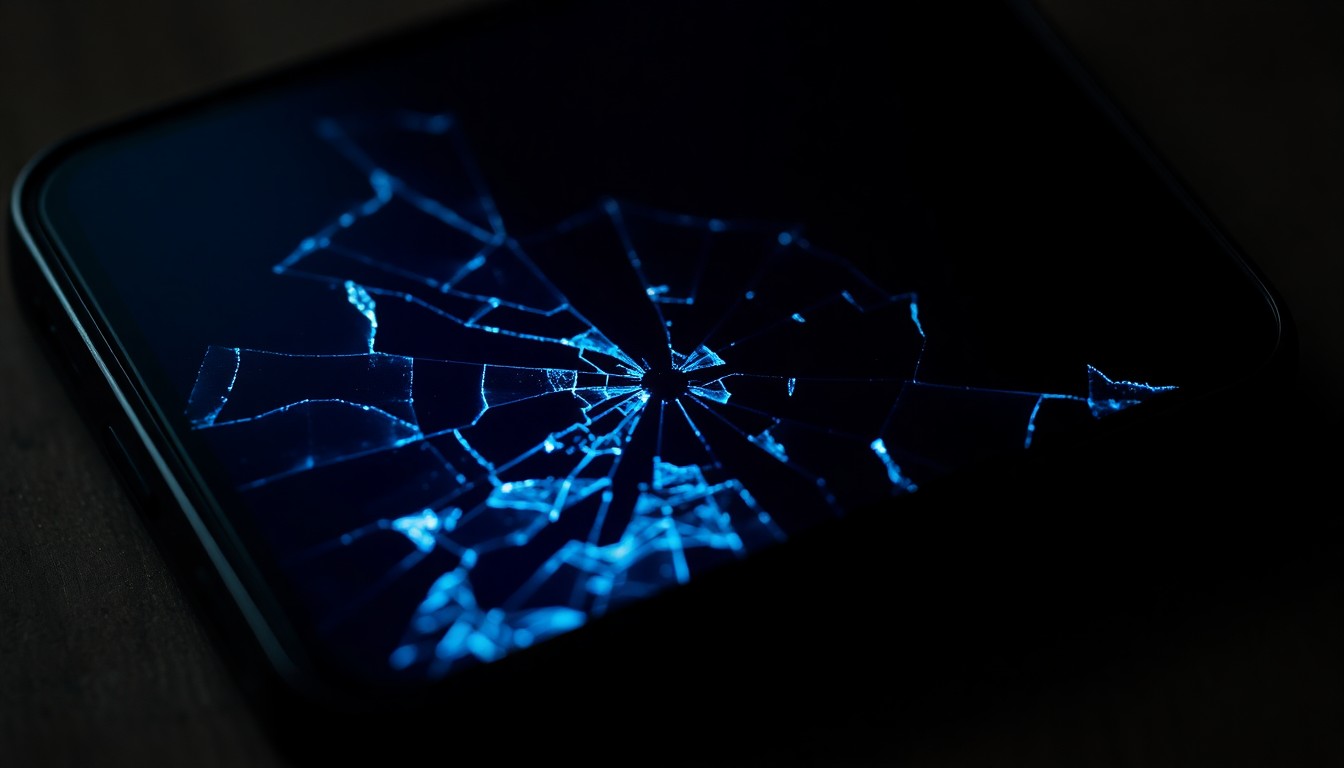 An extreme close-up photograph of a shattered mobile phone screen, the broken glass reflecting a faint blue light, conceptually representing the digital evidence of a child exploitation crime.
