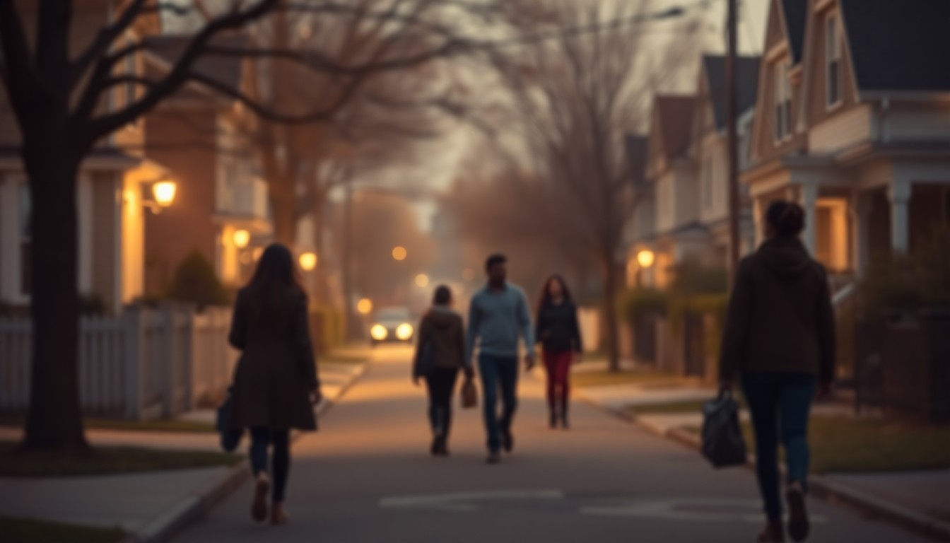 An abstract, out-of-focus photograph in warm, earthy tones depicting the blurred silhouettes of people walking down a neighborhood street, conveying a sense of community and togetherness.