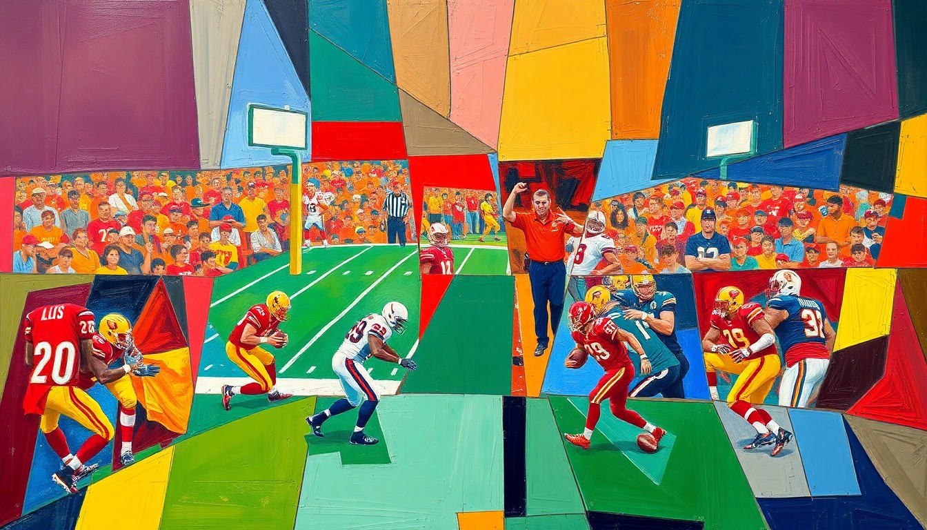 A fragmented, geometric painting depicting overlapping planes of a football field and coaching figures, rendered in bold, contrasting colors that capture the tension and energy of the contract negotiations.