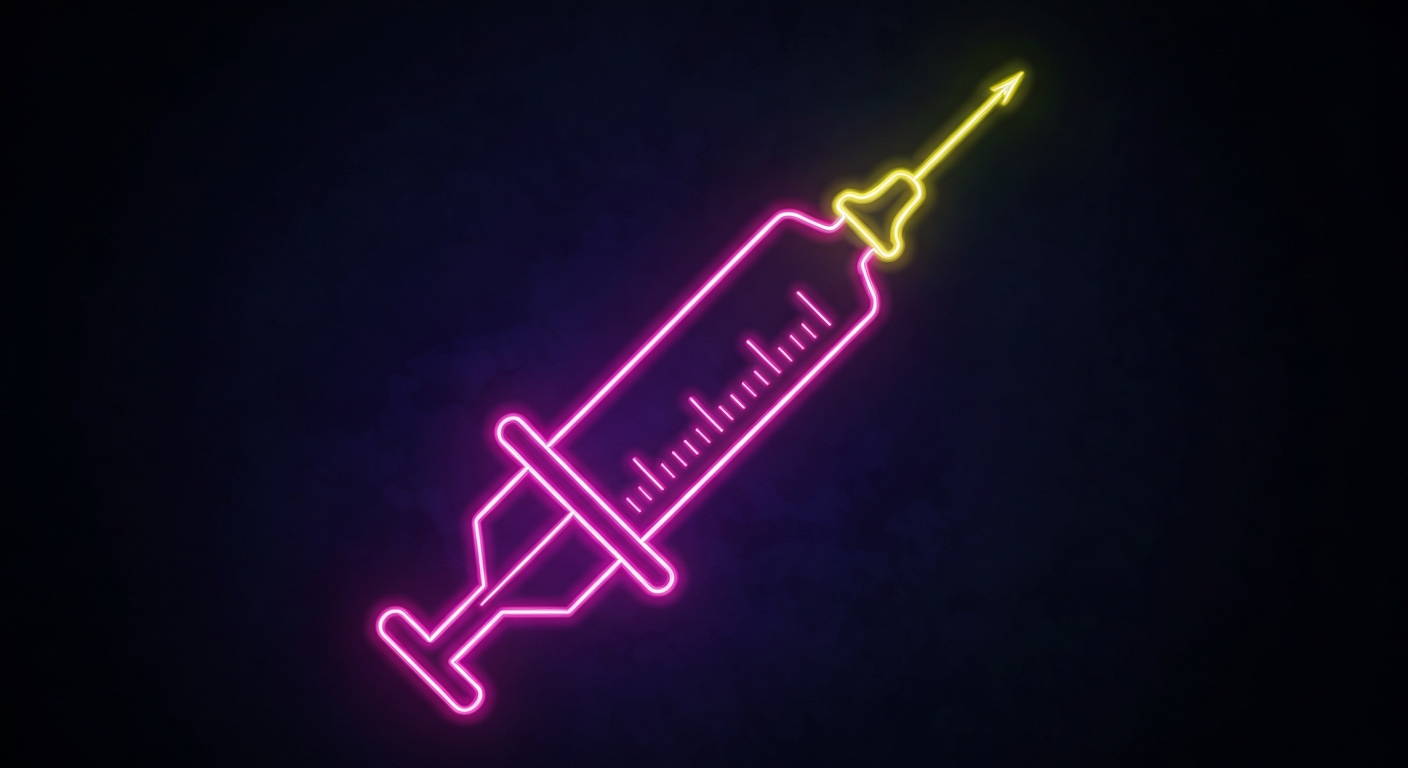 A glowing neon outline of a syringe or vaccine vial against a dark background, conceptually representing the charged debate around vaccine policy and safety.