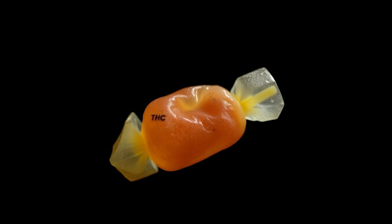 An extreme close-up photograph of a crumpled, partially consumed THC gummy against a pitch-black background, lit by a harsh, direct camera flash. The gummy appears distorted and ominous, conceptually representing the dangers of substance abuse involving minors.
