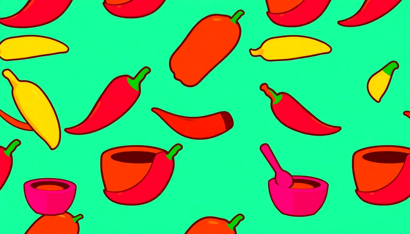 A vibrant, high-contrast silkscreen print of a single, iconic Mexican cooking ingredient like a chili pepper or mortar and pestle, repeated in a tight grid pattern in a neon color palette, conceptually representing the bold, ancestral flavors of the new Carne y Hueso restaurant in San Diego.