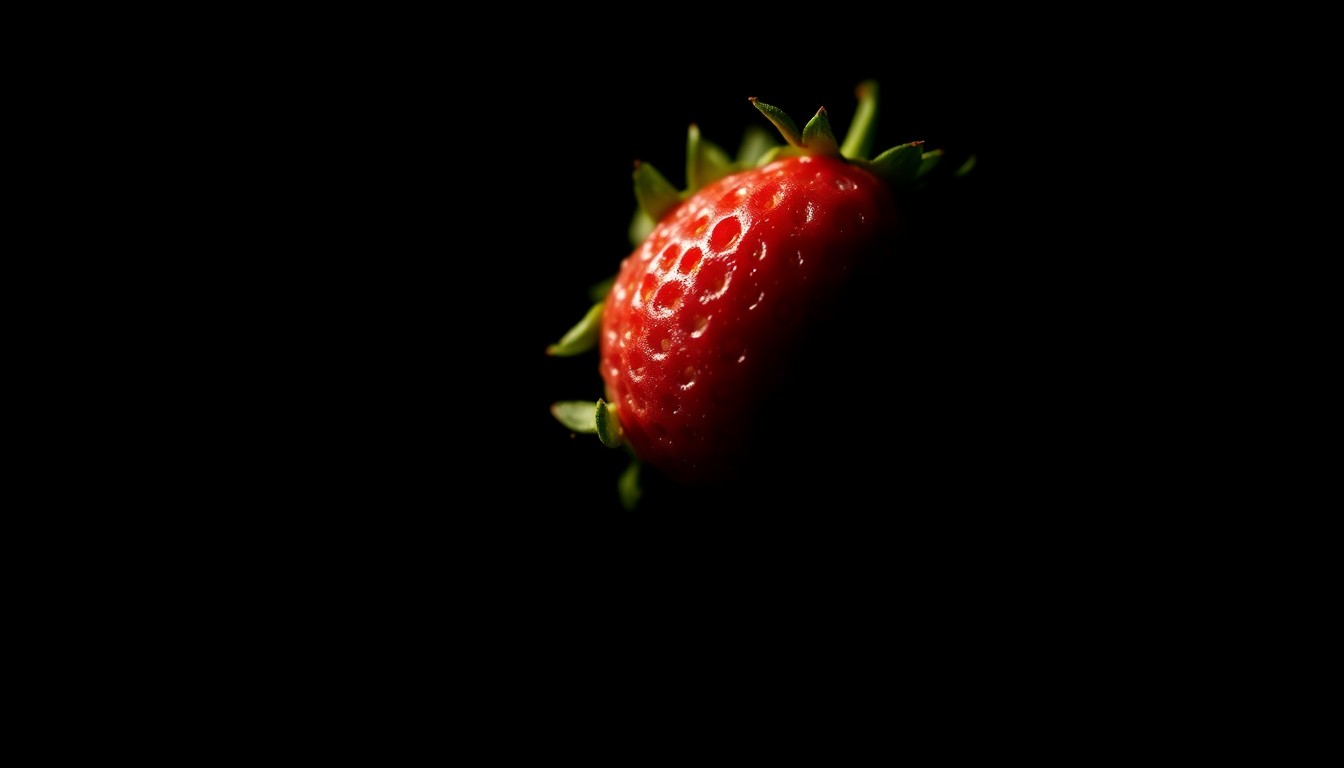 An extreme close-up photograph of a strawberry stem and leaves lit by a harsh, direct camera flash against a pitch-black background, conceptually representing the heightened security measures in place for the Ponchatoula Strawberry Festival.