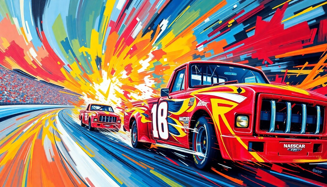 An abstract, energetic painting featuring bold, neon-colored brushstrokes that evoke the speed and intensity of a NASCAR Truck Series race at Bristol Motor Speedway.