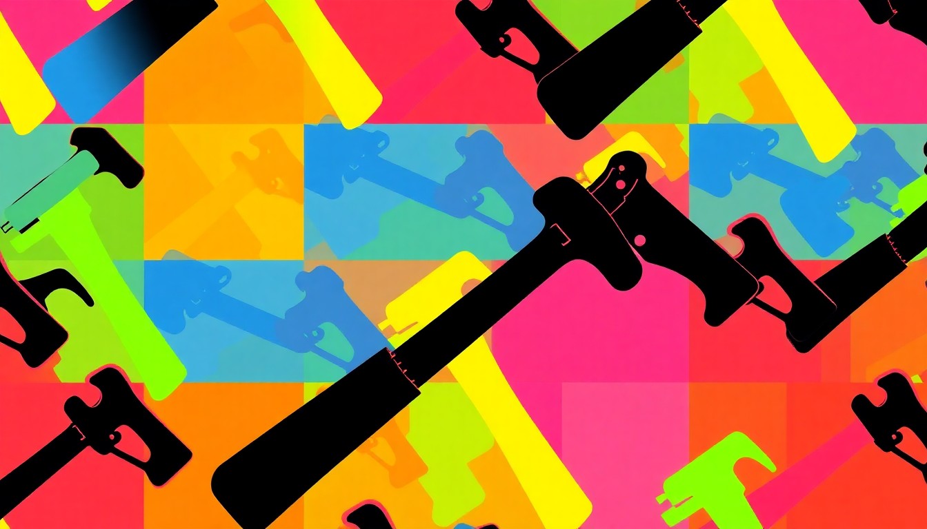 A brightly colored, high-contrast silkscreen print of a carpenter's hammer repeated in a tight grid pattern, representing the skilled trades featured in the new TV docuseries.