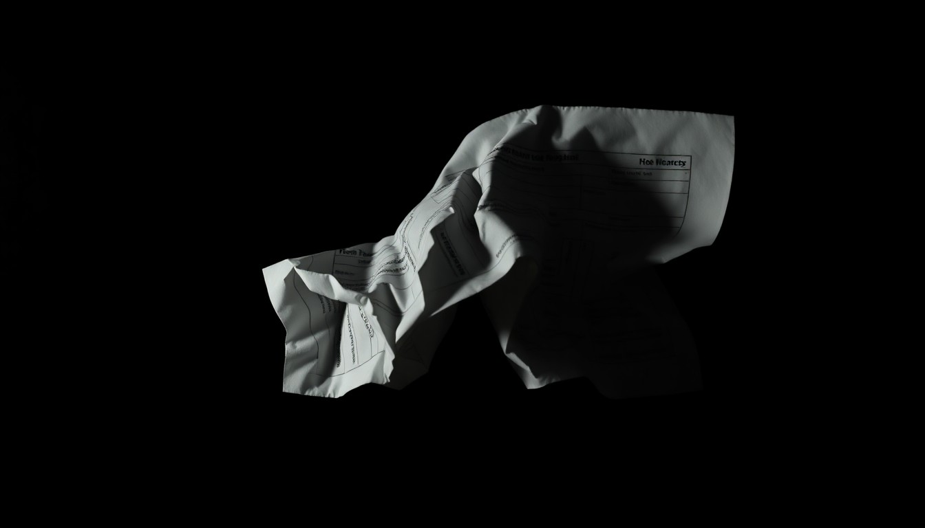 An extreme close-up of a crumpled medical document reflecting a harsh, direct camera flash, conceptually representing the uncovering of a complex healthcare fraud scheme.