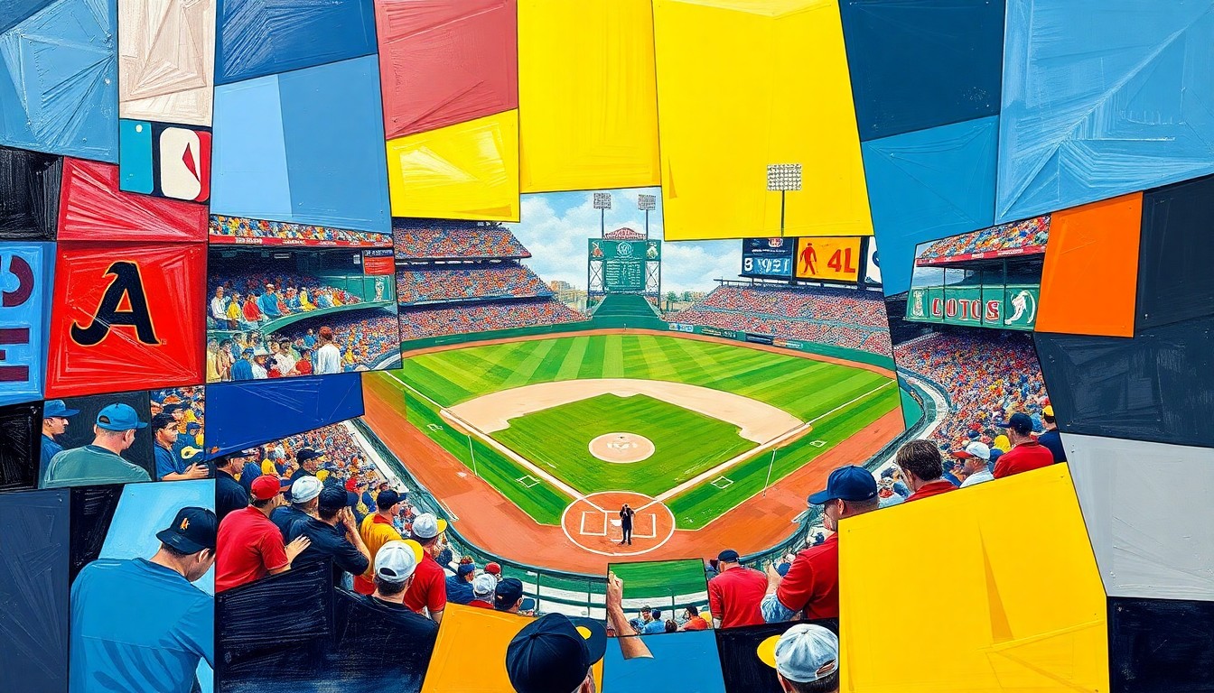 A cubist-style painting depicting a college baseball game broken down into sharp, overlapping geometric shapes in the team's colors, conveying the dynamic energy of the sport.