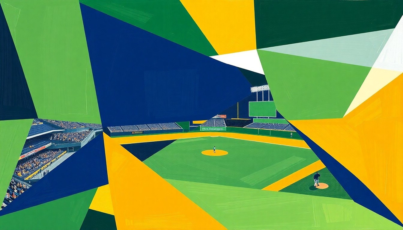 A fractured, geometric painting in navy blue, gold, green, and white, depicting the dynamic movements and competing perspectives of a college baseball game.