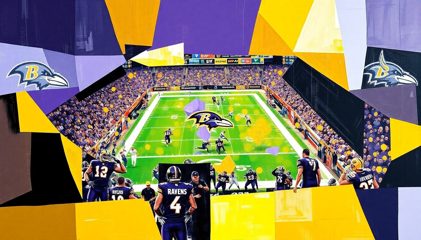 A cubist, geometric painting depicting a Ravens football game, with sharp, overlapping shapes and planes in the team's colors of purple, black, and gold, capturing the dynamic energy and potential of the team's rising stars.