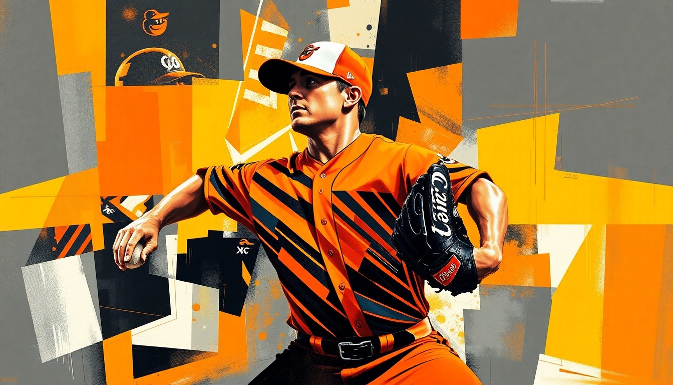 A cubist, geometric painting depicting a baseball pitcher's motion broken down into overlapping planes of vibrant orange and black, conceptually representing the complexities of Eflin's injury and the Orioles' dilemma.