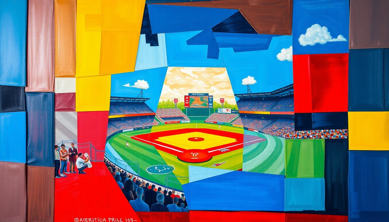A cubist, geometric painting depicting a baseball game or match, with sharp, overlapping planes of vibrant colors like royal blue, crimson red, and golden yellow, capturing the dynamic energy of the sport.