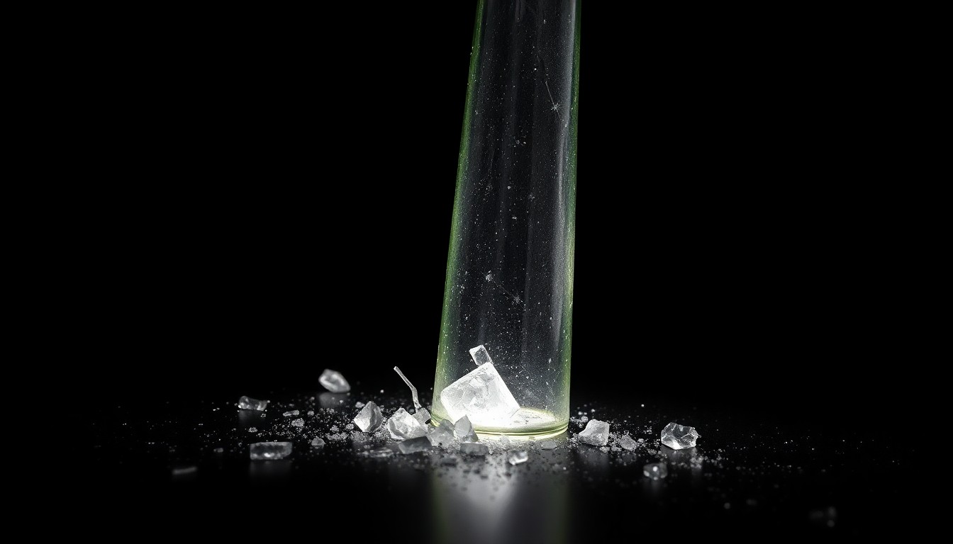 An extreme close-up photograph of a shattered glass bottle or broken bar stool leg against a pitch-black background, lit by a harsh, direct camera flash. The dramatic lighting and stark composition convey a sense of sudden violence and the investigative nature of the crime.