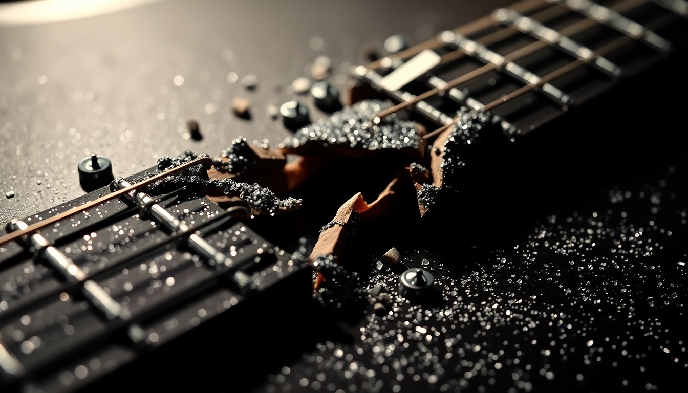 An extreme close-up photograph of a shattered, glittering heavy metal guitar string, capturing the intense friction and broken relationships in the world of hard rock through dramatic, high-contrast studio lighting.